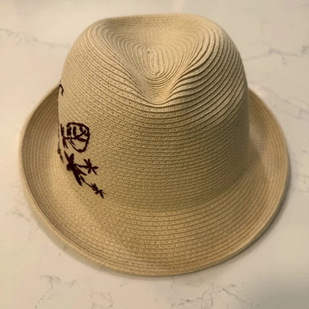 Hatch Cream & Brown Floral Rafia Embroidered Stingy Brim Adjustable Fedora OS - Picture 3 of 5